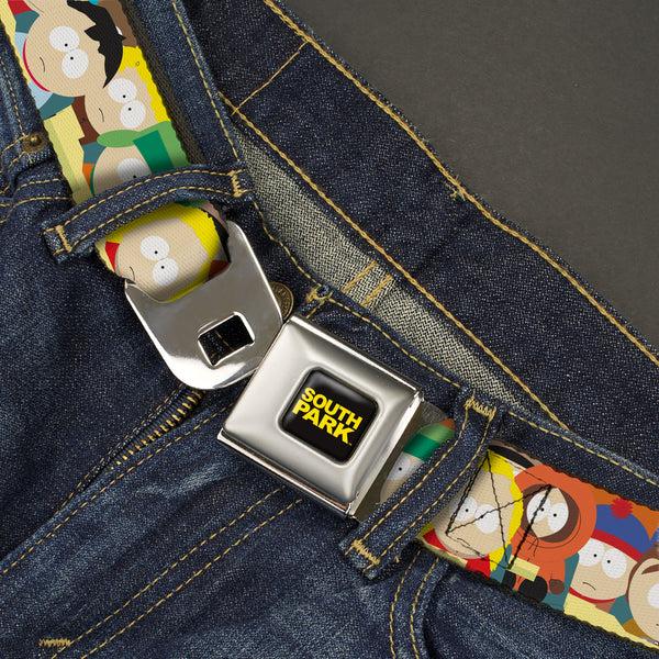 Buckle-Down SOUTH PARK Title Logo Full Color Black/Yellow Seatbelt Belt - South Park School Kids Faces Stacked Webbing