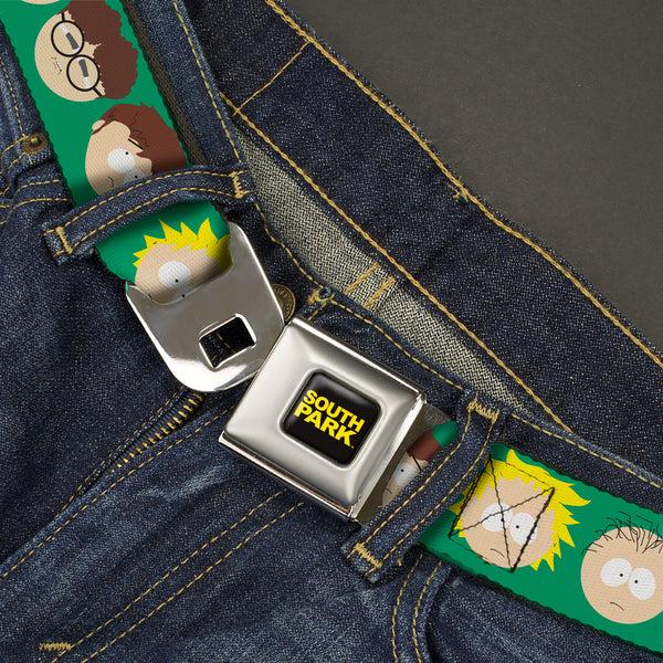 Buckle-Down SOUTH PARK Title Logo Full Color Black/Yellow Seatbelt Belt - South Park Kids Faces Green Webbing