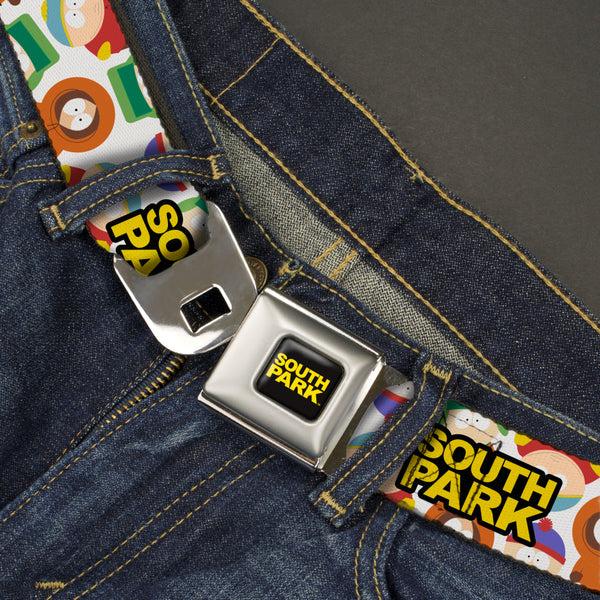 Buckle-Down SOUTH PARK Title Logo Full Color Black/Yellow Seatbelt Belt - SOUTH PARK Title Logo And Characters Scattered White Webbing