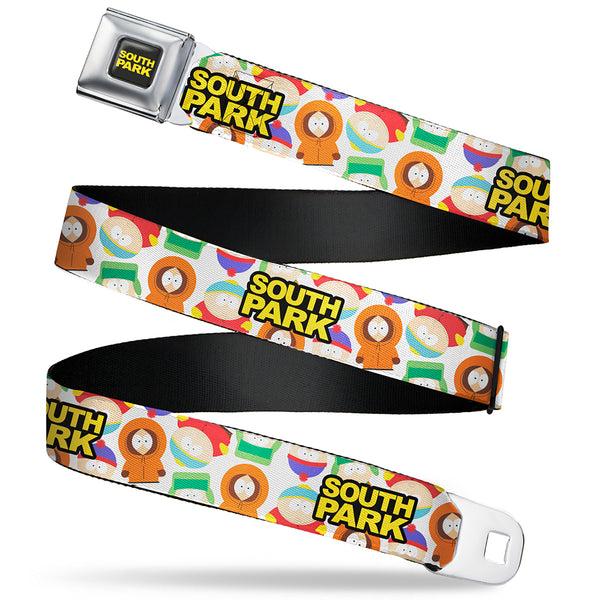 Buckle-Down SOUTH PARK Title Logo Full Color Black/Yellow Seatbelt Belt - SOUTH PARK Title Logo and Characters Scattered White Webbing