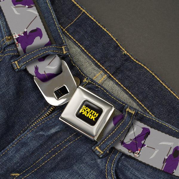 Buckle-Down SOUTH PARK Title Logo Full Color Black/Yellow Seatbelt Belt - South Park Death Poses Scattered Gray Webbing