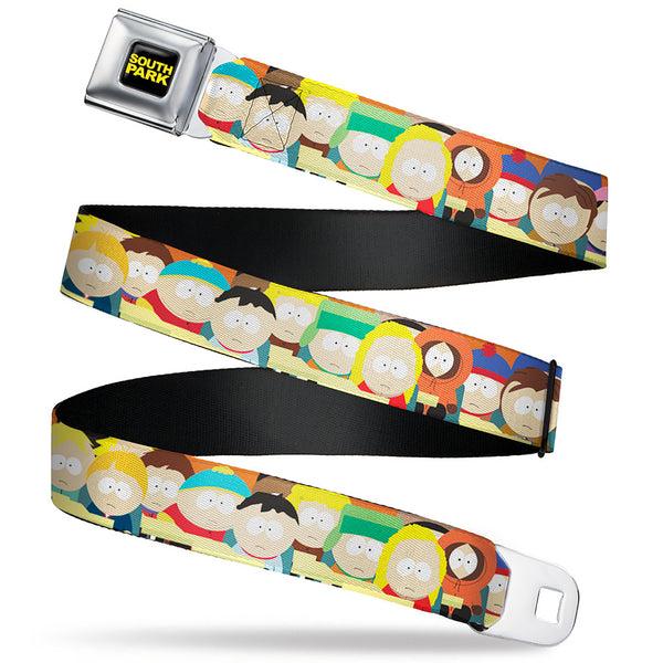 Buckle-Down SOUTH PARK Title Logo Full Color Black/Yellow Seatbelt Belt - South Park School Kids Faces Stacked Webbing