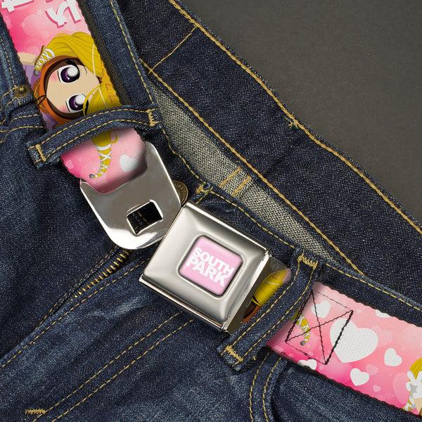 Buckle-Down SOUTH PARK Title Logo Full Color Pink/White Seatbelt Belt - South Park PRINCESS KENNY Poses And Text Pinks/White Webbing