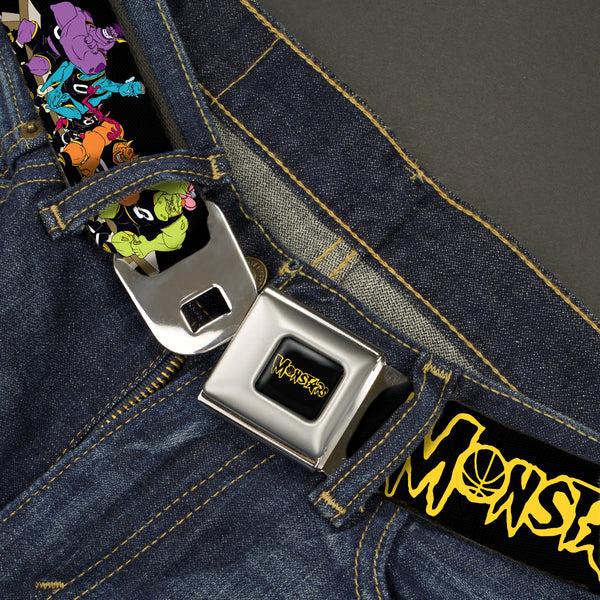 Buckle-Down Space Jam MONSTARS Logo Black/Yellow Seatbelt Belt - Space Jam MONSTARS Logo/5-Character Group Pose Black/Yellow Webbing