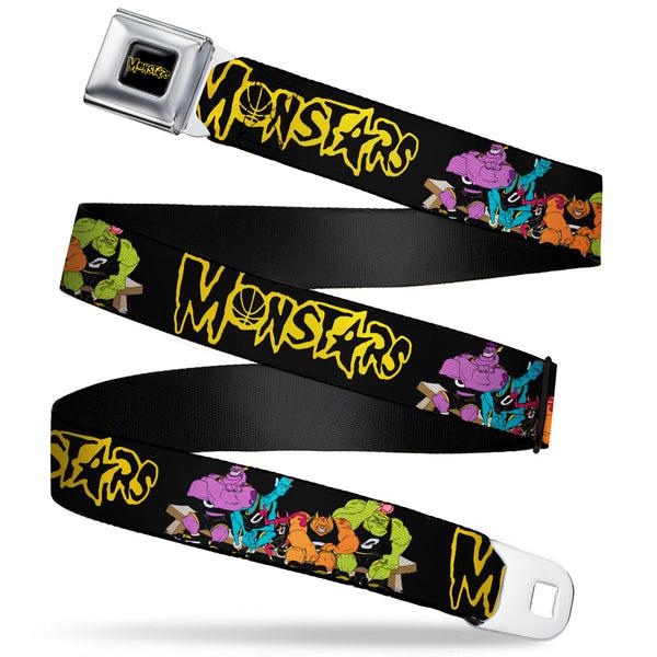Buckle-Down Space Jam MONSTARS Logo Black/Yellow Seatbelt Belt - Space Jam MONSTARS Logo/5-Character Group Pose Black/Yellow Webbing