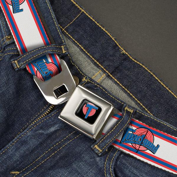 Buckle-Down Space Jam Tune Squad Icon Full Color Black/Red/Blue Seatbelt Belt - Space Jam TUNE SQUAD Logo Stripe White/Red/Blue Webbing