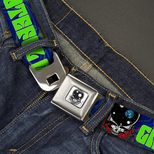Buckle-Down Space Your Face Silver Black Seatbelt Belt - GRATEFUL DEAD Space Your Face CLOSE-UP Swirl Blues/Greens Webbing