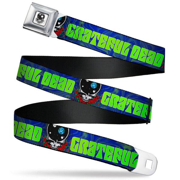 Buckle-Down Space Your Face Silver Black Seatbelt Belt - GRATEFUL DEAD Space Your Face CLOSE-UP Swirl Blues/Greens Webbing
