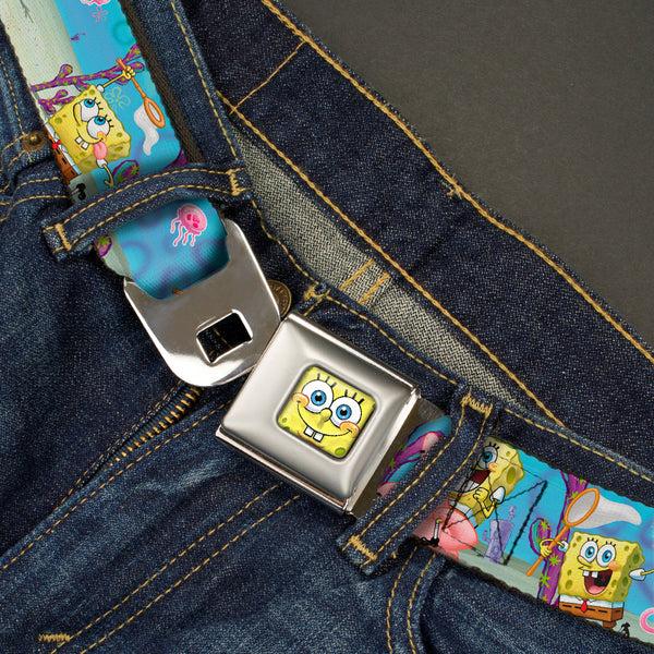 Buckle-Down Sponge Bob 3-D Face CLOSE-UP Full Color Seatbelt Belt - SpongeBob & Patrick Starfish Jellyfishing Scenes Webbing