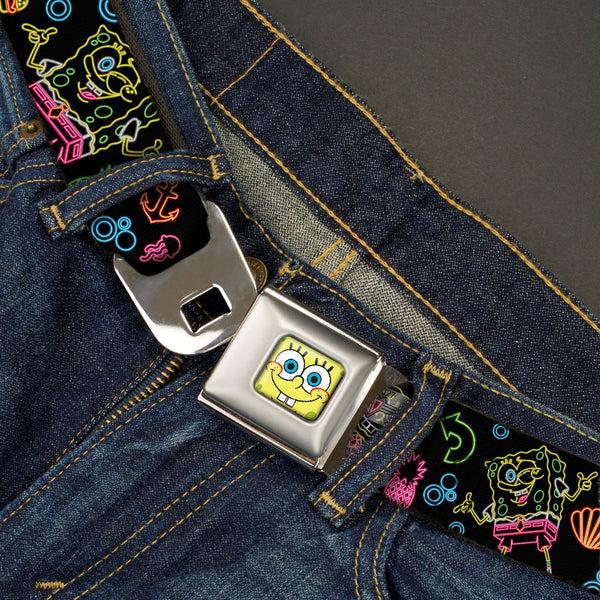 Buckle-Down Sponge Bob Face CLOSE-UP Full Color Seatbelt Belt - Electric SpongeBob Poses/Elements Black/Multi Color Webbing