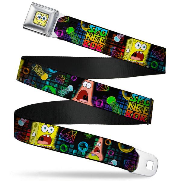 Buckle-Down Sponge Bob Face CLOSE-UP Full Color Seatbelt Belt - Surprised SpongeBob & Patrick Starfish/SPONGEBOB/Jellyfish Black/Multi Color Webbing