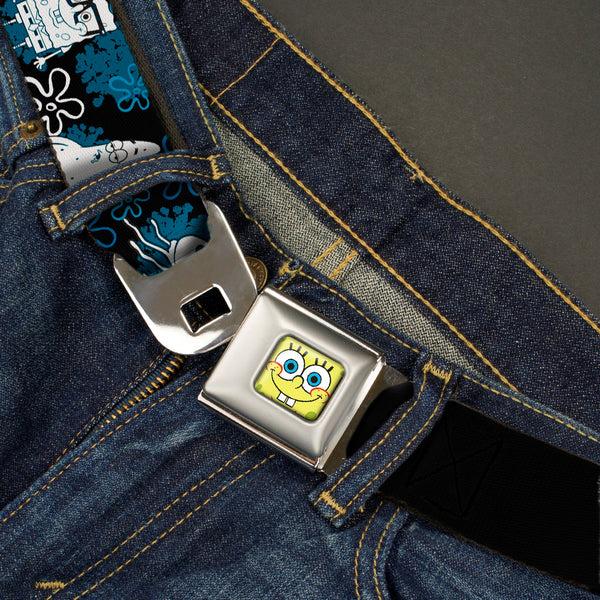 Buckle-Down Sponge Bob Face CLOSE-UP Full Color Seatbelt Belt - SpongeBob Patrick Starfish & Gary The Snail/Flowers Black/Blue/White Webbing