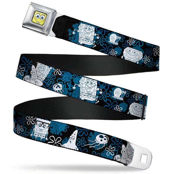Buckle-Down Sponge Bob Face CLOSE-UP Full Color Seatbelt Belt - SpongeBob Patrick Starfish & Gary the Snail/Flowers Black/Blue/White Webbing