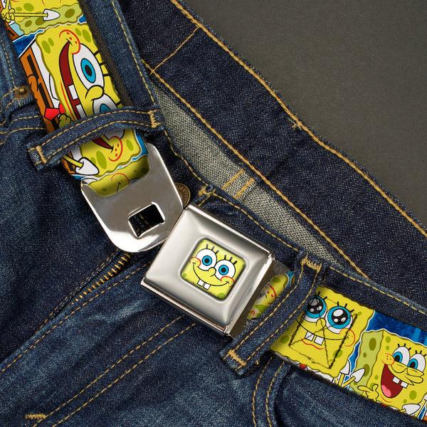 Buckle-Down Sponge Bob Face CLOSE-UP Full Color Seatbelt Belt - SpongeBob Expressions Stripe Blue Webbing