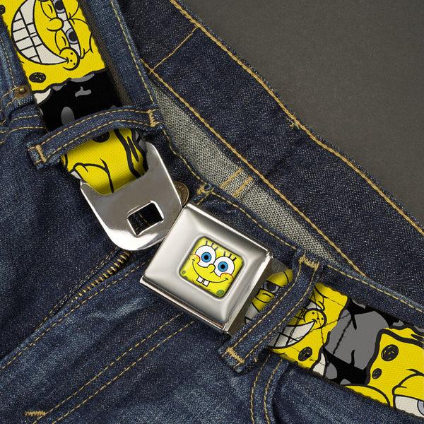Buckle-Down Sponge Bob Face CLOSE-UP Full Color Seatbelt Belt - SpongeBob 4-CLOSE-UP Expressions/Crackle Black/Gray/Yellow Webbing