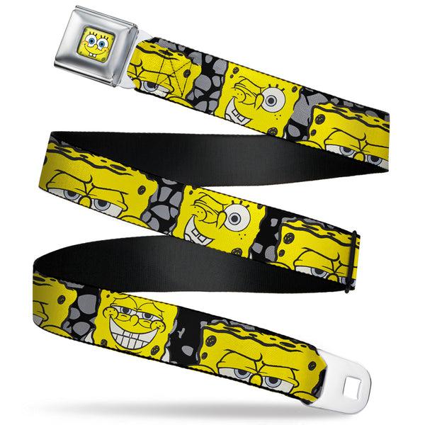 Buckle-Down Sponge Bob Face CLOSE-UP Full Color Seatbelt Belt - SpongeBob 4-CLOSE-UP Expressions/Crackle Black/Gray/Yellow Webbing