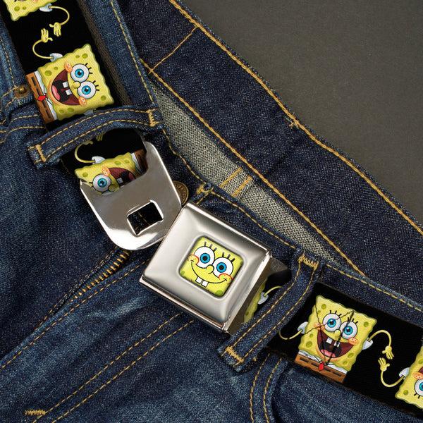 Buckle-Down Sponge Bob Face CLOSE-UP Full Color Seatbelt Belt - SpongeBob 3-D Pose Flip Black Webbing