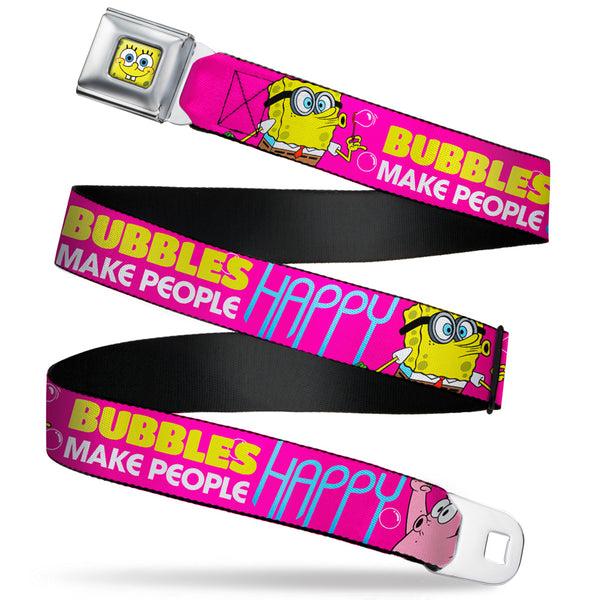 Buckle-Down Sponge Bob Face CLOSE-UP Full Color Seatbelt Belt - Patrick Starfish Pose BUBBLES MAKE PEOPLE HAPPY Pink/Yellow/White/Blue Webbing