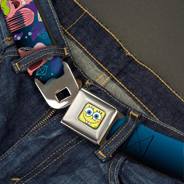 Buckle-Down Sponge Bob Face CLOSE-UP Full Color Seatbelt Belt - Surprised Patrick Starfish/Jellyfish Blues/Purple/Pinks Webbing
