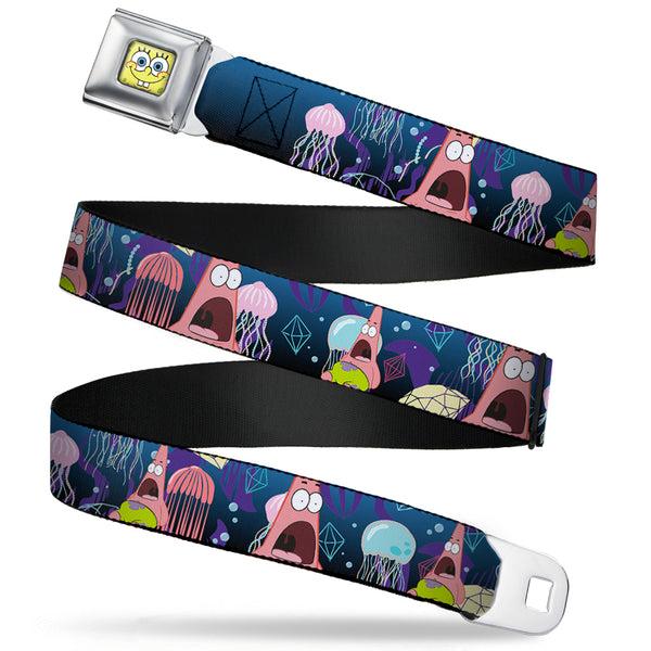 Buckle-Down Sponge Bob Face CLOSE-UP Full Color Seatbelt Belt - Surprised Patrick Starfish/Jellyfish Blues/Purple/Pinks Webbing