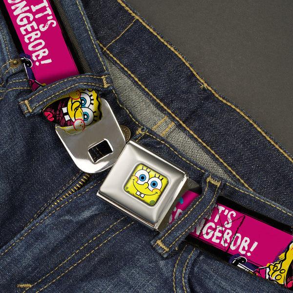 Buckle-Down Sponge Bob Face CLOSE-UP Full Color Seatbelt Belt - SpongeBob Pose IT'S SPONGEBOB Stripe Black/Pink/Blue/White Webbing