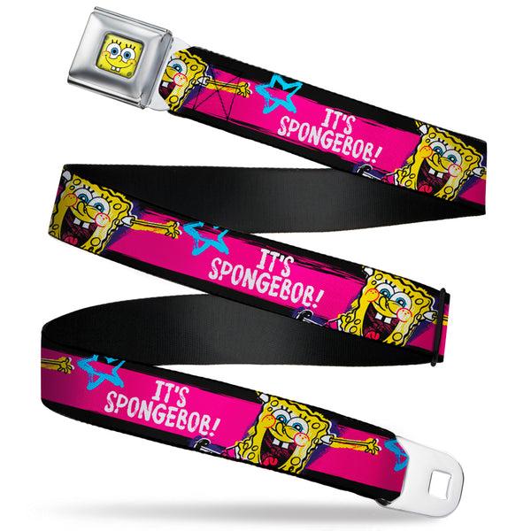 Buckle-Down Sponge Bob Face CLOSE-UP Full Color Seatbelt Belt - SpongeBob Pose IT'S SPONGEBOB Stripe Black/Pink/Blue/White Webbing