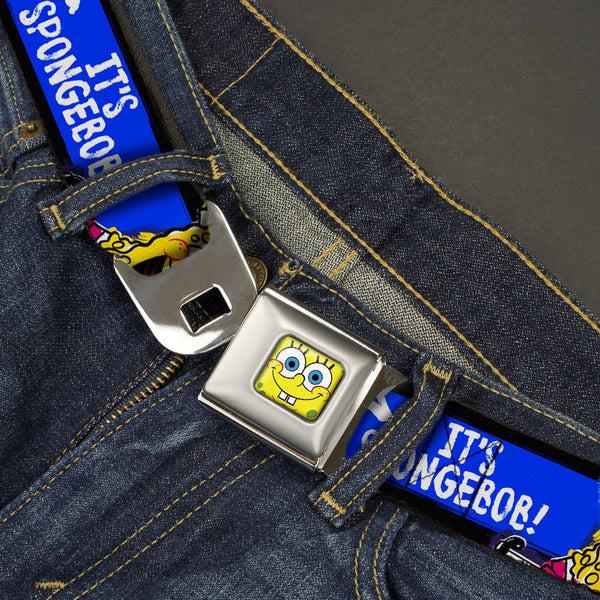 Buckle-Down Sponge Bob Face CLOSE-UP Full Color Seatbelt Belt - SpongeBob Pose IT'S SPONGEBOB Stripe Black/Blue/White Webbing