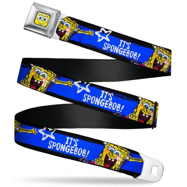 Buckle-Down Sponge Bob Face CLOSE-UP Full Color Seatbelt Belt - SpongeBob Pose IT'S SPONGEBOB Stripe Black/Blue/White Webbing