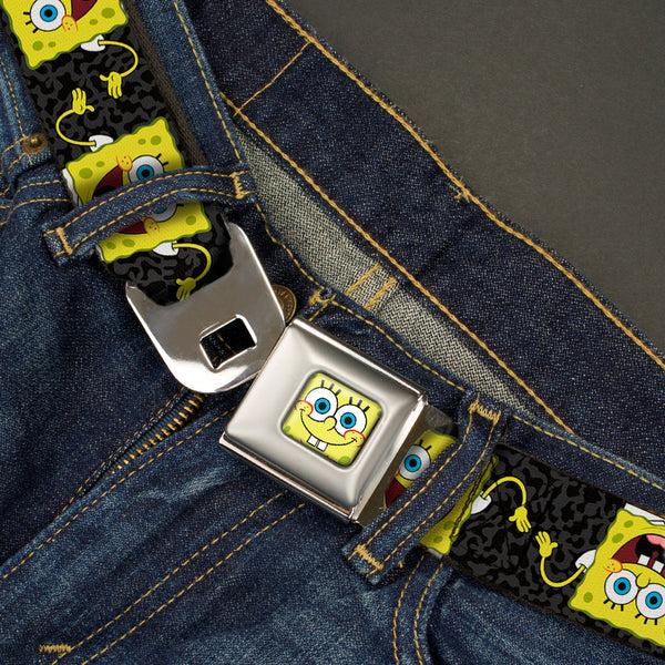 Buckle-Down Sponge Bob Face CLOSE-UP Full Color Seatbelt Belt - SpongeBob Pose Flip/Camo Gray/Black Webbing