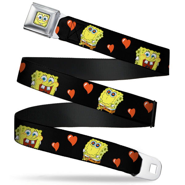 Buckle-Down Sponge Bob Face CLOSE-UP Full Color Seatbelt Belt - SpongeBob Love Eyes/Hearts Black/Red Webbing