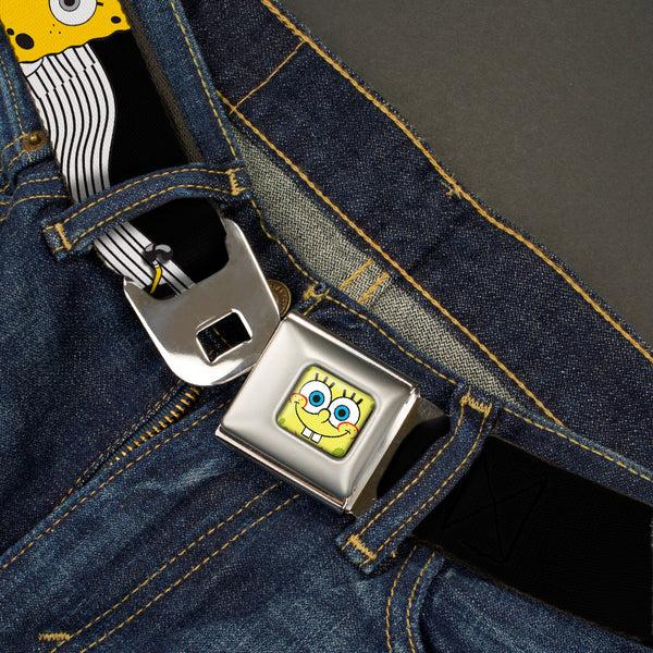 Buckle-Down Sponge Bob Face CLOSE-UP Full Color Seatbelt Belt - SpongeBob Action Poses/Wave Black/White/Yellow Webbing
