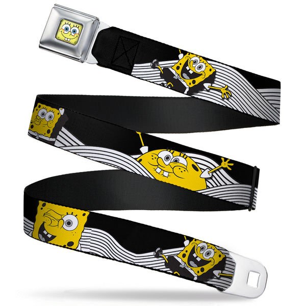 Buckle-Down Sponge Bob Face CLOSE-UP Full Color Seatbelt Belt - SpongeBob Action Poses/Wave Black/White/Yellow Webbing