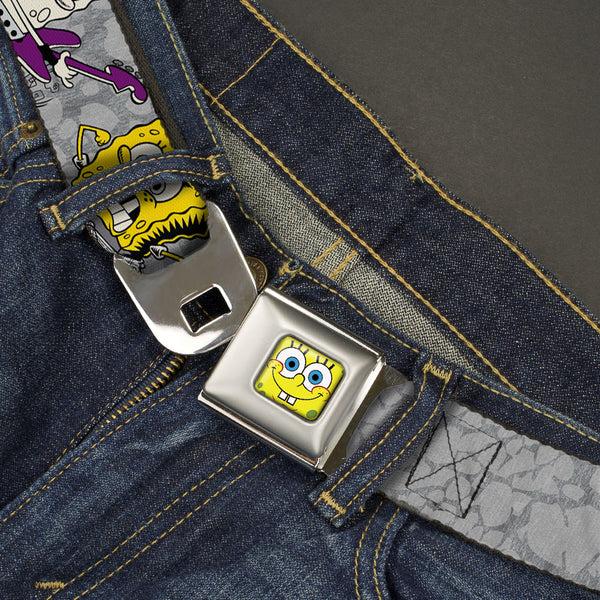Buckle-Down Sponge Bob Face CLOSE-UP Full Color Seatbelt Belt - SpongeBob 3-Poses SPONGEITUDE Grays/Black Webbing