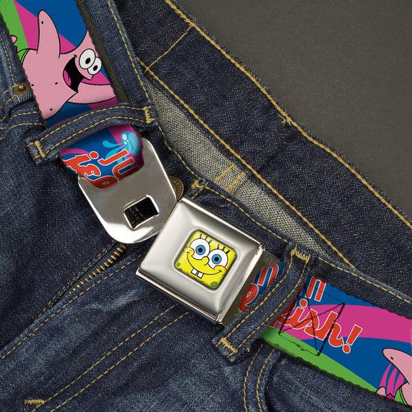 Buckle-Down Sponge Bob Face CLOSE-UP Full Color Seatbelt Belt - Nerd SpongeBob & Patrick Starfish Running JUMPIN' JELLYFISH Multi Color/Red Webbing