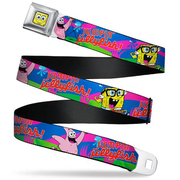 Buckle-Down Sponge Bob Face CLOSE-UP Full Color Seatbelt Belt - Nerd SpongeBob & Patrick Starfish Running JUMPIN' JELLYFISH Multi Color/Red Webbing