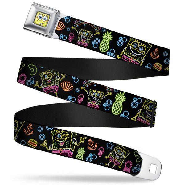 Buckle-Down Sponge Bob Face CLOSE-UP Full Color Seatbelt Belt - Electric SpongeBob Poses/Elements Black/Multi Color Webbing