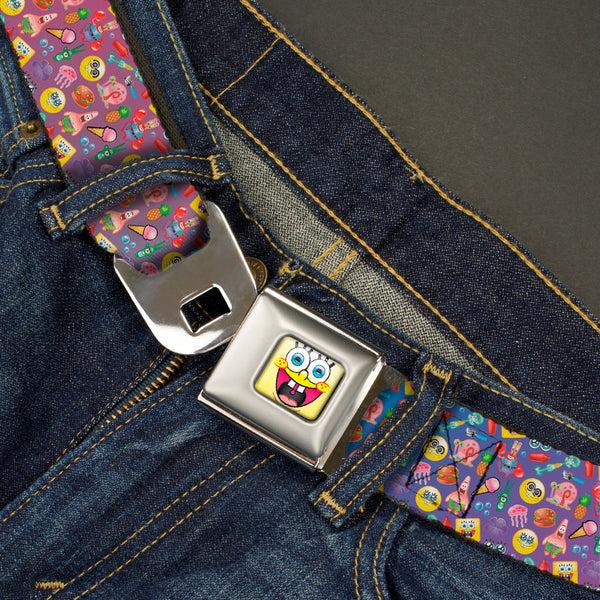 Buckle-Down SpongeBob Open Mouth Smile Full Color Seatbelt Belt - Mini SpongeBob & Friends/Sea Creatures/Food Scattered Ombre Multi Color Webbing