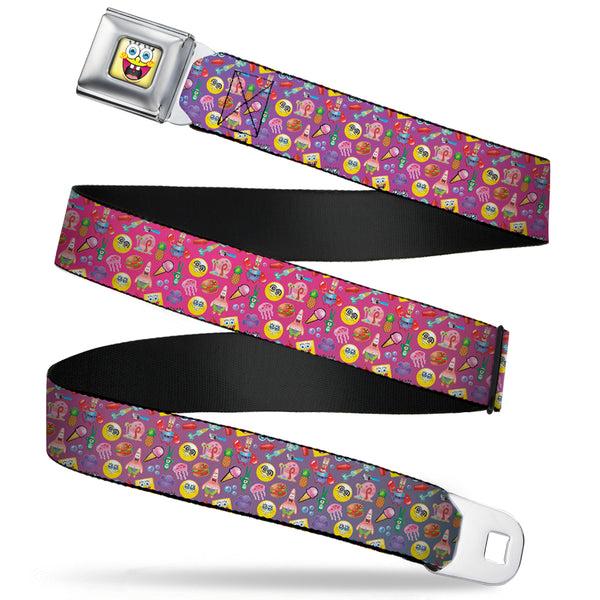 Buckle-Down SpongeBob Open Mouth Smile Full Color Seatbelt Belt - Mini SpongeBob & Friends/Sea Creatures/Food Scattered Ombre Multi Color Webbing