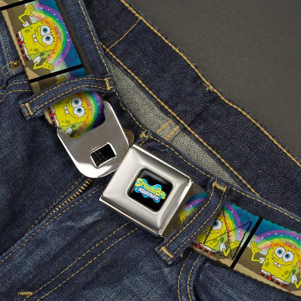 Buckle-Down SpongeBob SquarePants Logo Full Color Black/Blues Seatbelt Belt - SpongeBob SquarePants Smiling Rainbow Pose Blocks Webbing