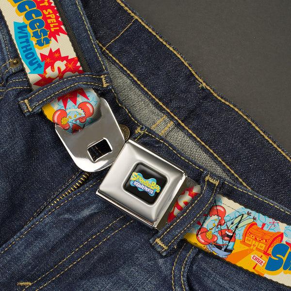 Buckle-Down SpongeBob SquarePants Logo Full Color Black/Blues Seatbelt Belt - SpongeBob SquarePants Mr. Krab Krusty Krab SUCCCE$$ Collage Ivory/Multi Color Webbing