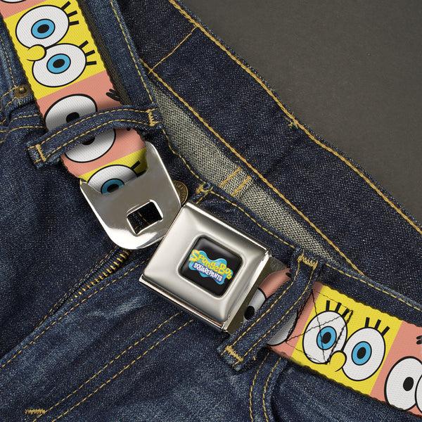 Buckle-Down SpongeBob SquarePants Logo Full Color Black/Blues Seatbelt Belt - SpongeBob SquarePants And Patrick Star Eye Blocks Yellow/Pink Webbing