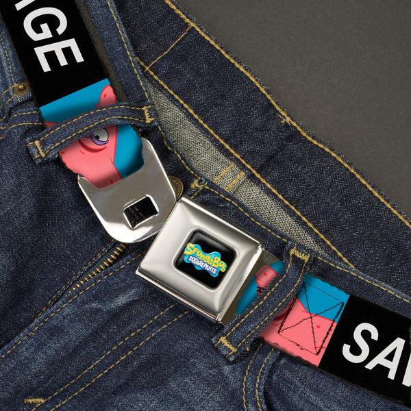Buckle-Down SpongeBob SquarePants Logo Full Color Black/Blues Seatbelt Belt - SpongeBob Patrick Star SAVAGE Pose Block Black/Blue Webbing