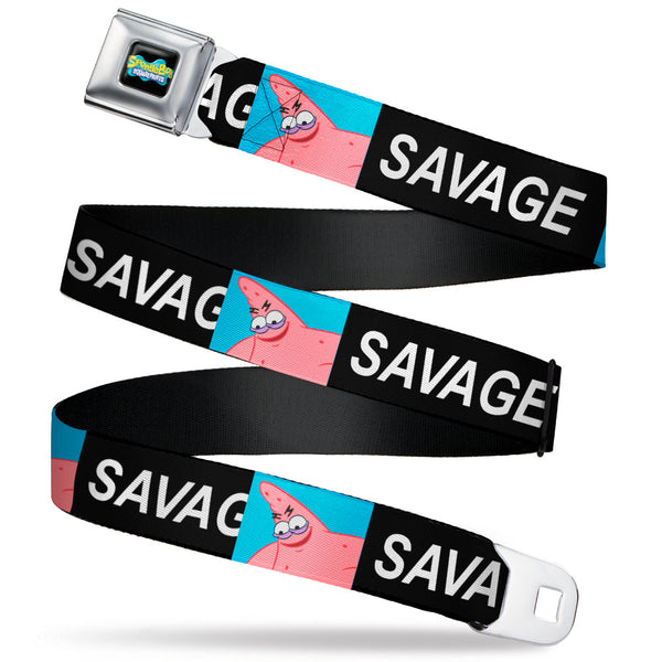 Buckle-Down SpongeBob SquarePants Logo Full Color Black/Blues Seatbelt Belt - SpongeBob Patrick Star SAVAGE Pose Block Black/Blue Webbing
