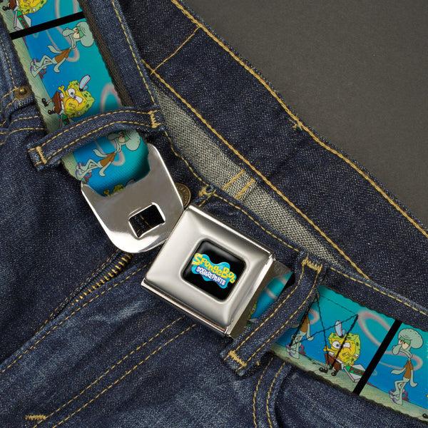 Buckle-Down SpongeBob SquarePants Logo Full Color Black/Blues Seatbelt Belt - SpongeBob SquarePants And Squidward Pizza Scene Pose Blocks Webbing