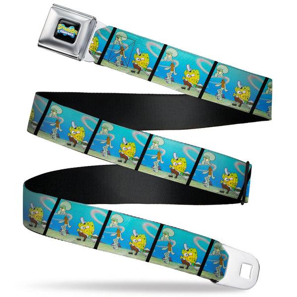 Buckle-Down SpongeBob SquarePants Logo Full Color Black/Blues Seatbelt Belt - SpongeBob SquarePants and Squidward Pizza Scene Pose Blocks Webbing