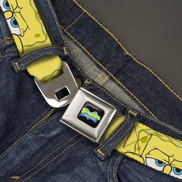 Buckle-Down SpongeBob SquarePants Logo Full Color Black/Blues Seatbelt Belt - SpongeBob SquarePants Close-Up Face Yellow Webbing