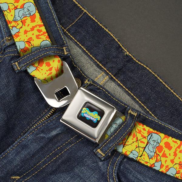 Buckle-Down SpongeBob SquarePants Logo Full Color Black/Blues Seatbelt Belt - SpongeBob Handsome Squidward Pose Yellow/Orange Webbing