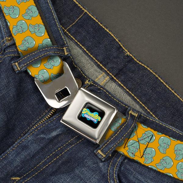 Buckle-Down SpongeBob SquarePants Logo Full Color Black/Blues Seatbelt Belt - SpongeBob Handsome Squidward Face Scattered Orange Webbing