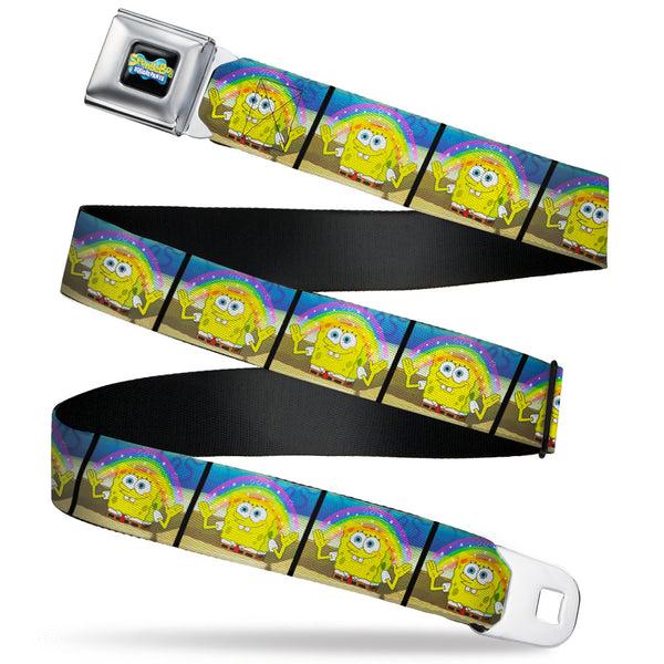Buckle-Down SpongeBob SquarePants Logo Full Color Black/Blues Seatbelt Belt - SpongeBob SquarePants Smiling Rainbow Pose Blocks Webbing