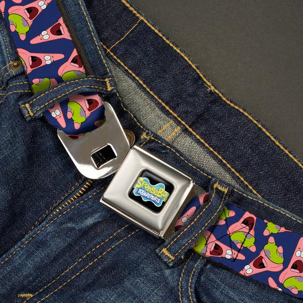 Buckle-Down SpongeBob SquarePants Logo Full Color Black Seatbelt Belt - Patrick Starfish Pose Scattered Purple Webbing